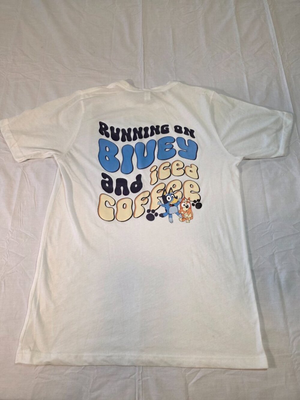 Running on Bluey and Iced Coffee Graphic Tee Shirt Medium White